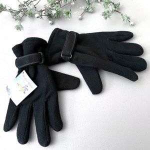 Men's Black Fleece Gloves With Adjustable Velcro Strap Closure - New